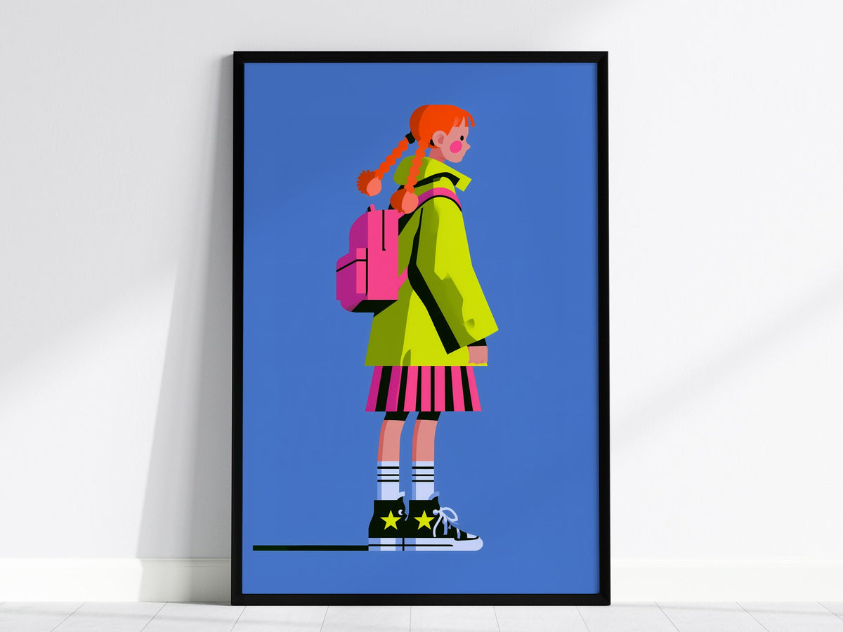 Girl in Green Hat Poster | Neon Brights Flat Design Art Print | Kids Room Wall Art — framed print on the wall, 24x36 in