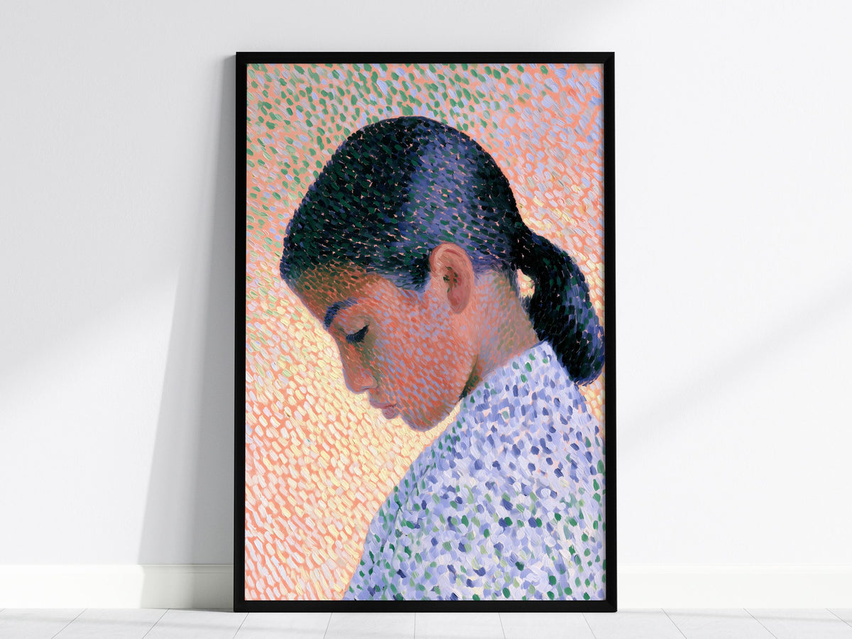 Girl in Ponytail Poster | Coral and Purple Oil Painting Art Print | Contemporary Portrait Wall Art — framed print on the wall