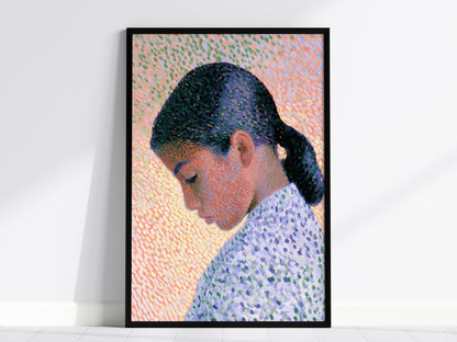 Girl in Ponytail Poster | Coral and Purple Oil Painting Art Print | Contemporary Portrait Wall Art — framed print on the wall