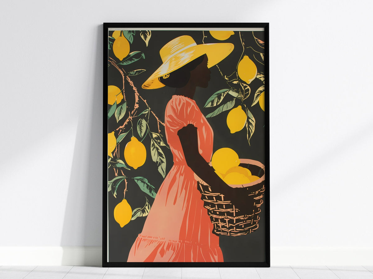 Woman Carries Lemons Poster | Yellow and Coral Screen Print Art Print | Kitchen Wall Art — framed print on the wall, 24x36 in