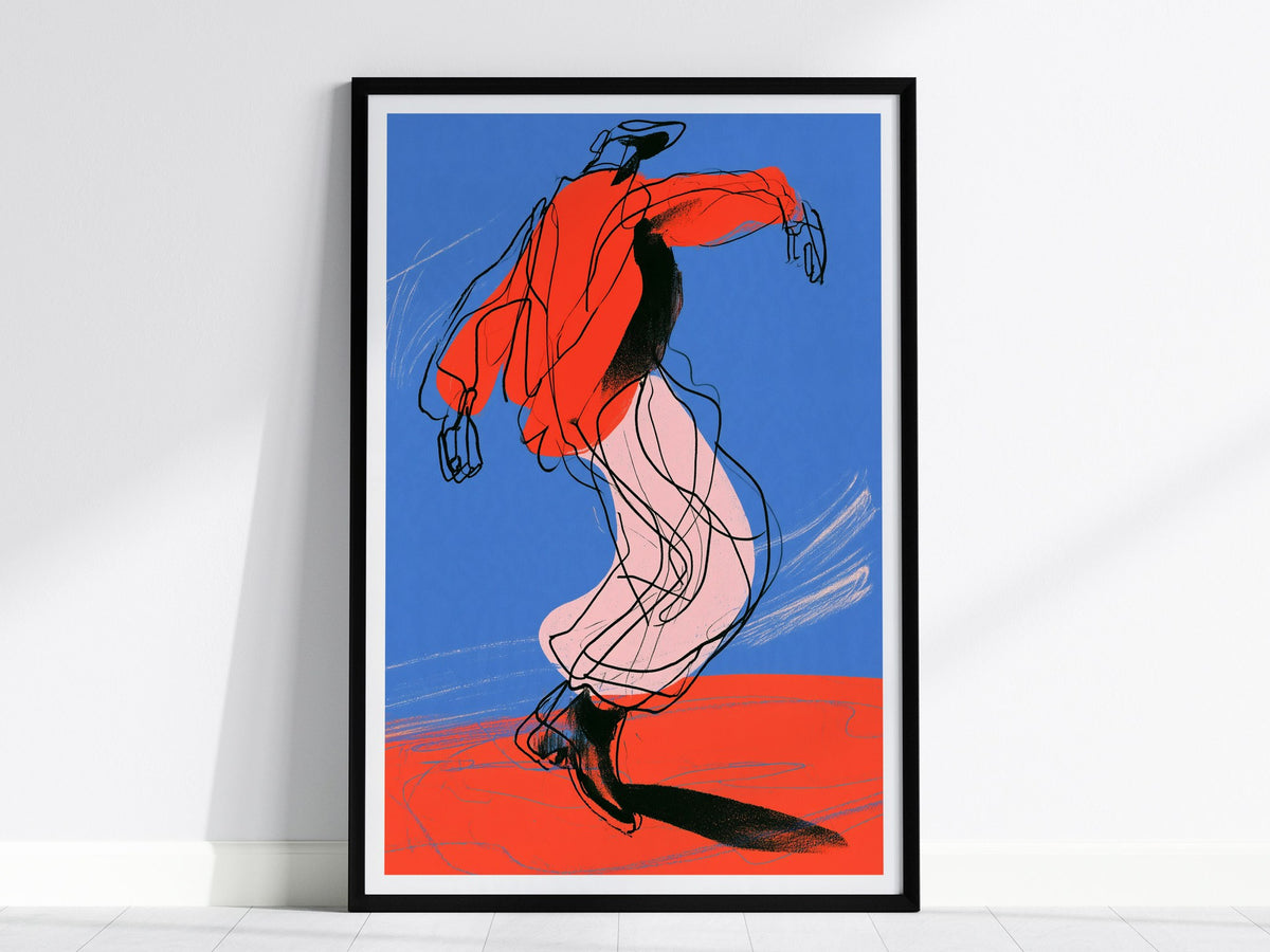 Dancer Kicks Blue Poster | Blue and Red Illustrative Art Print | Dance Wall Art — framed print on the wall, 24x36 in