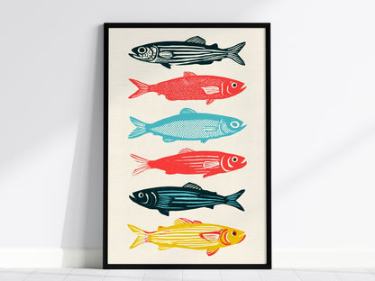 six-swimming-fish Poster | Teal and Coral Screen Print Art Print | Coastal Wall Art — framed print on the wall, 24x36 in