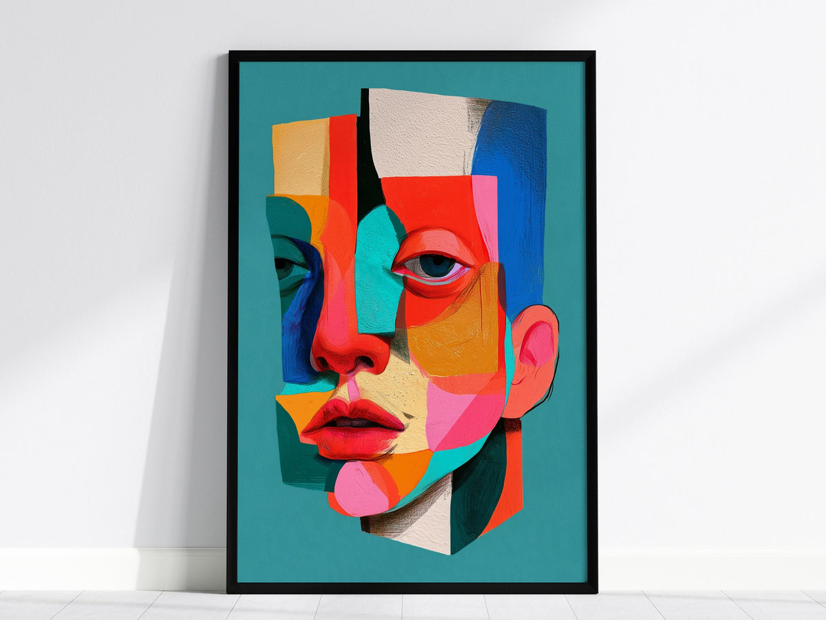 Split Face Mosaic Poster | Teal and Coral Illustrative Art Print | Modern Portrait Wall Art — framed print on the wall, 24x36
