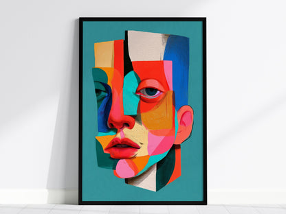 Split Face Mosaic Poster | Teal and Coral Illustrative Art Print | Modern Portrait Wall Art — framed print on the wall, 24x36