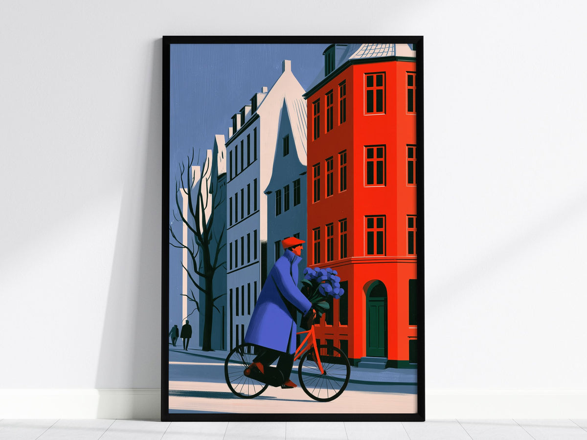 Cyclist Carries Hydrangeas Poster | Cobalt and Yellow Illustrative Art Print | Modernist Wall Art — framed print on the wall