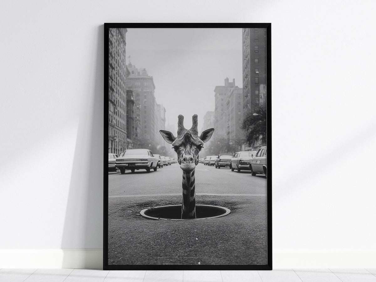 NYC Giraffe Poster | Wildlife Art Print — framed print on the wall, 24x36 in