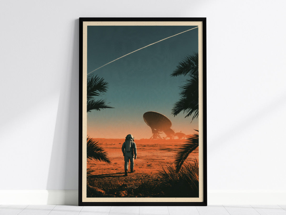 Astronaut Walks Shore Poster | Turquoise and Coral Screen Print Art Print | Sci-Fi Wall Art — framed print on the wall, 24x36
