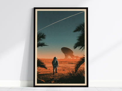 Astronaut Walks Shore Poster | Turquoise and Coral Screen Print Art Print | Sci-Fi Wall Art — framed print on the wall, 24x36