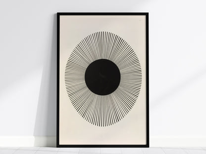 Happy Sun Poster | Black and White Minimalism Art Print | Kids Room Wall Art — framed print on the wall, 24x36 in