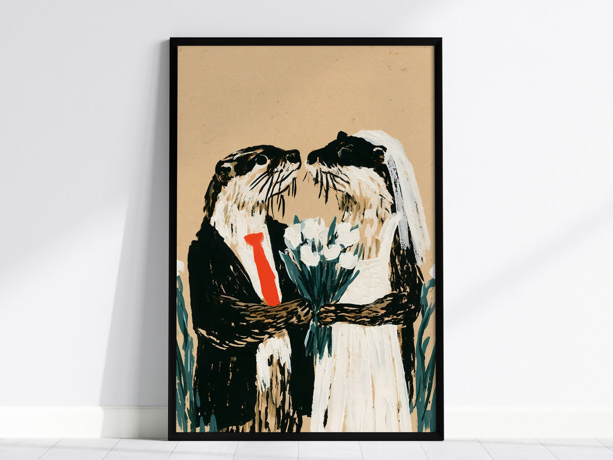 Otter Wedding Poster | Kraft and Green Illustrative Art Print | Wedding Gift Wall Art — framed print on the wall, 24x36 in