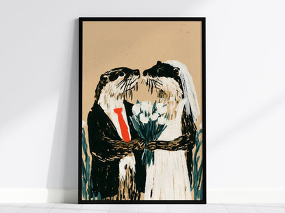 Otter Wedding Poster | Kraft and Green Illustrative Art Print | Wedding Gift Wall Art — framed print on the wall, 24x36 in