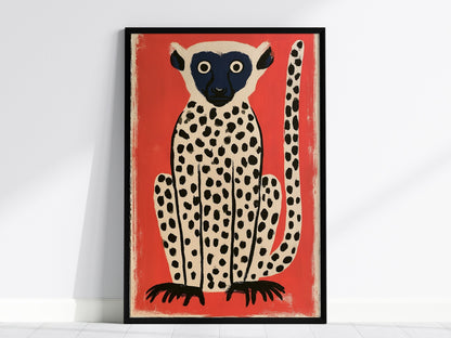 spotted-lemur Poster | Black and Ochre Screen Print Art Print | Kids Room Wall Art — framed print on the wall, 24x36 in