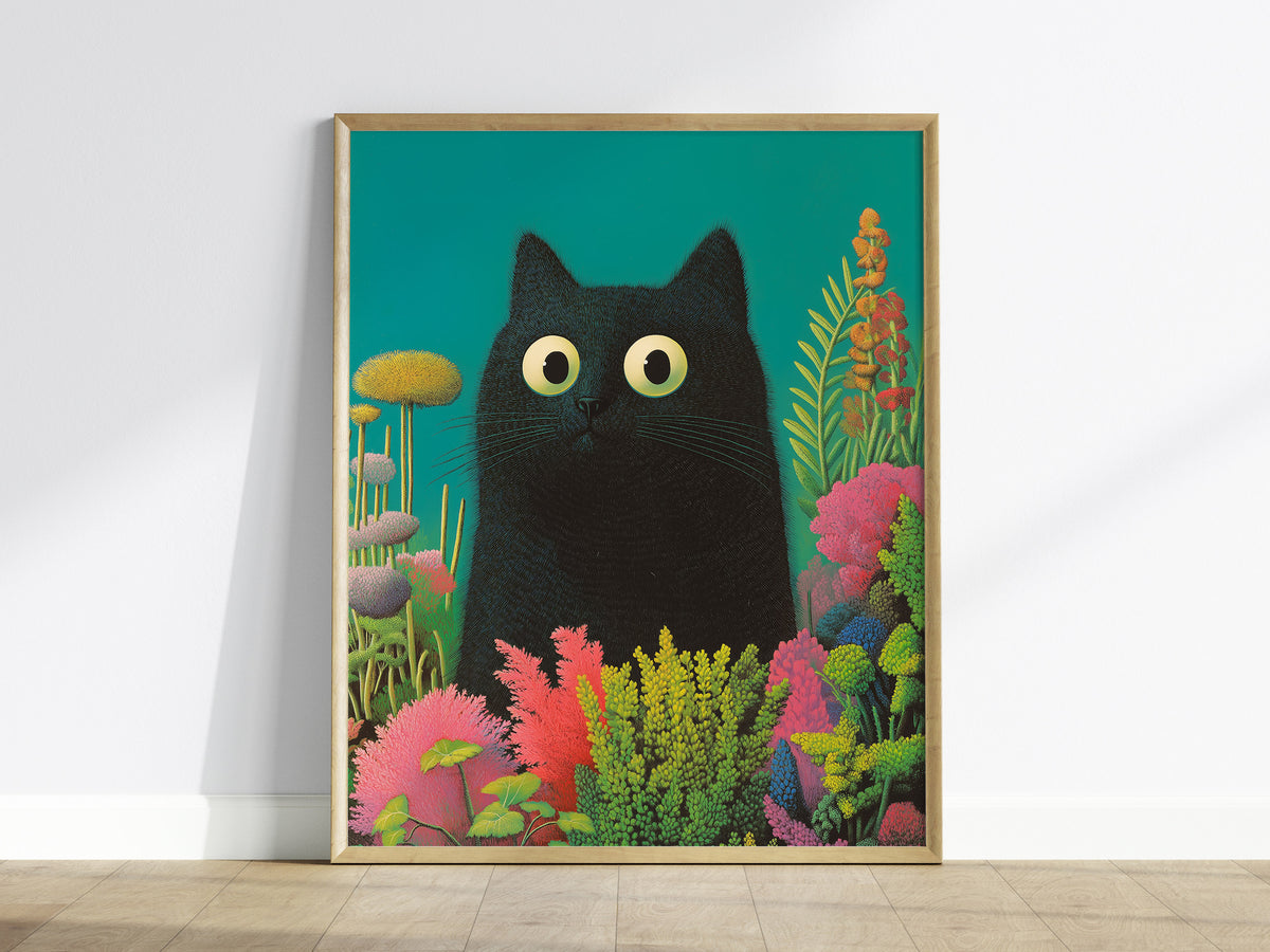 Black Cat in Garden Poster | Animals Art Print — framed print on the wall