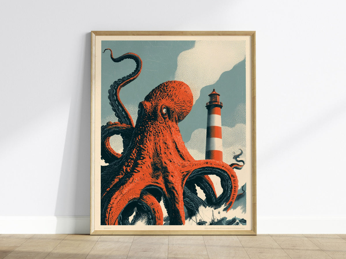 Octopus Finds Paradise Poster | Pink and Blue Screen Print Art Print | Retro Futurism Wall Art — framed print on the wall
