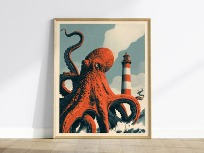 Octopus Finds Paradise Poster | Pink and Blue Screen Print Art Print | Retro Futurism Wall Art — framed print on the wall