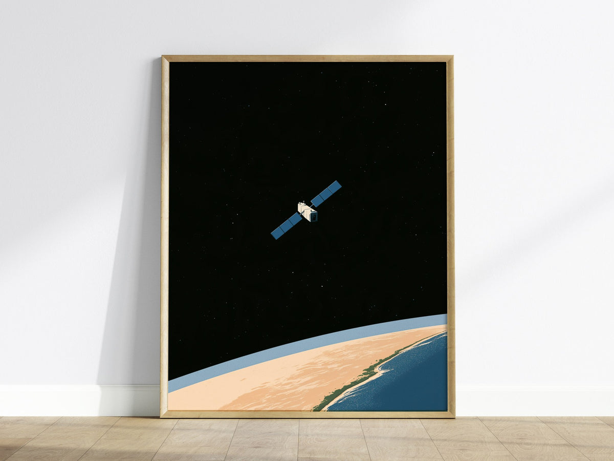Satellite Keeps Watch Poster | Blue and Tan Illustrative Art Print | Space Enthusiast Wall Art — framed print on the wall