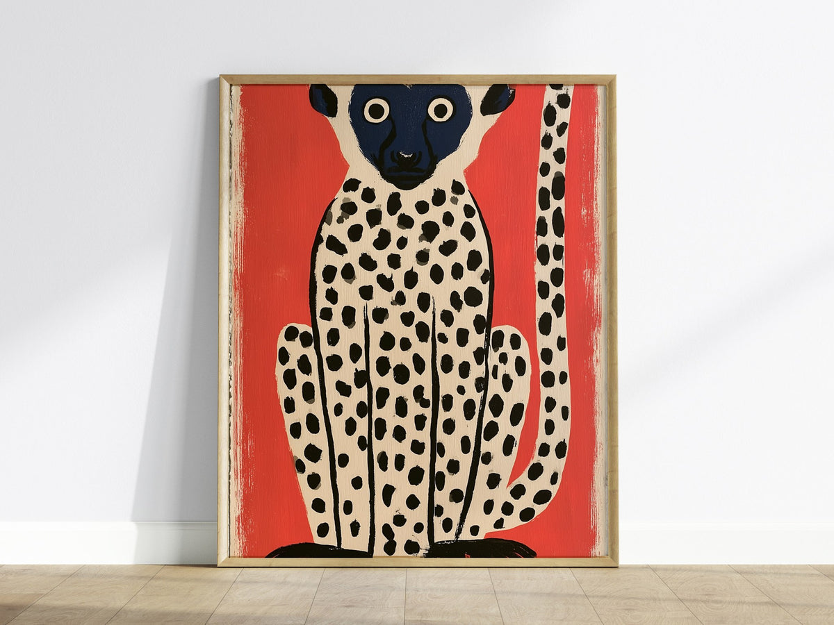 spotted-lemur Poster | Black and Ochre Screen Print Art Print | Kids Room Wall Art — framed print on the wall