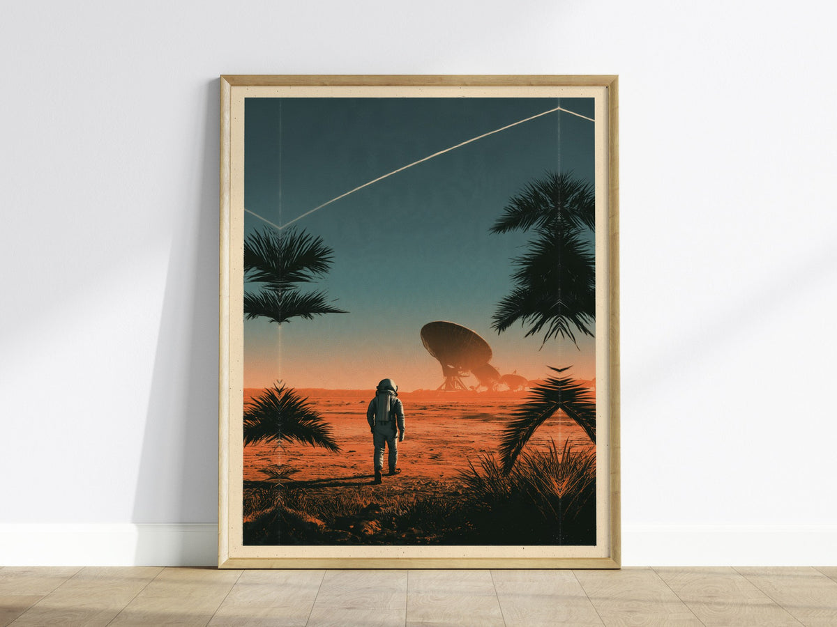 Astronaut Walks Shore Poster | Turquoise and Coral Screen Print Art Print | Sci-Fi Wall Art — framed print on the wall
