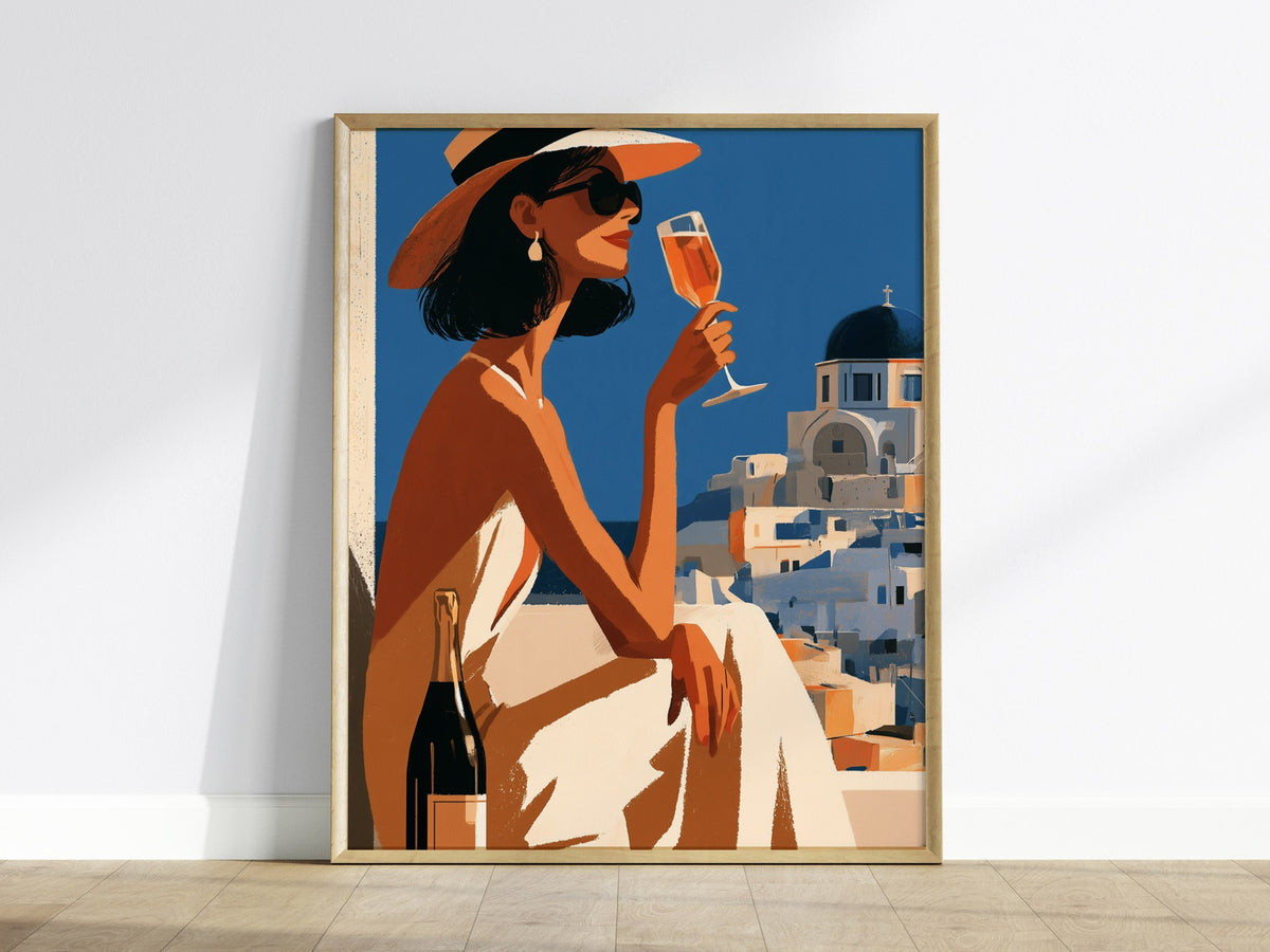 Woman Sips Santorini Poster | Terracotta and Cobalt Illustrative Art Print | Mediterranean Travel Wall Art — framed print on