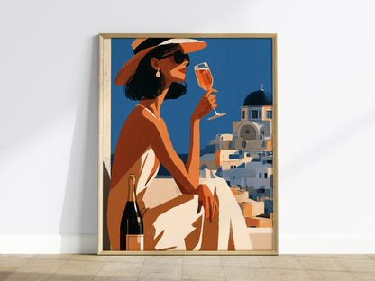 Woman Sips Santorini Poster | Terracotta and Cobalt Illustrative Art Print | Mediterranean Travel Wall Art — framed print on