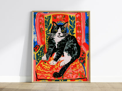 Cat Claims Chair Poster | Cobalt and Red Matisse Style Art Print | Cat Lover Wall Art — framed print on the wall