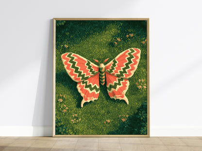 Moth Owns Chevron Poster | Coral and Olive Pixel Art Print | Retro Gaming Wall Art — framed print on the wall