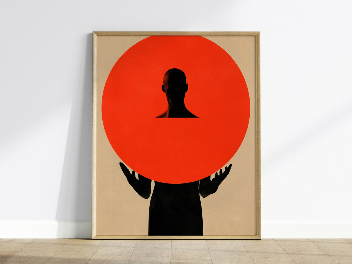 Figure Holding Geometry Poster | Coral and Black Minimalism Art Print | Minimalist Wall Art — framed print on the wall