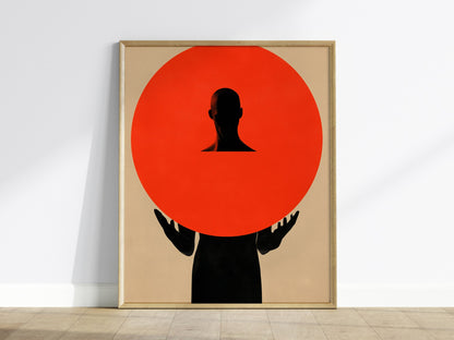 Figure Holding Geometry Poster | Coral and Black Minimalism Art Print | Minimalist Wall Art — framed print on the wall