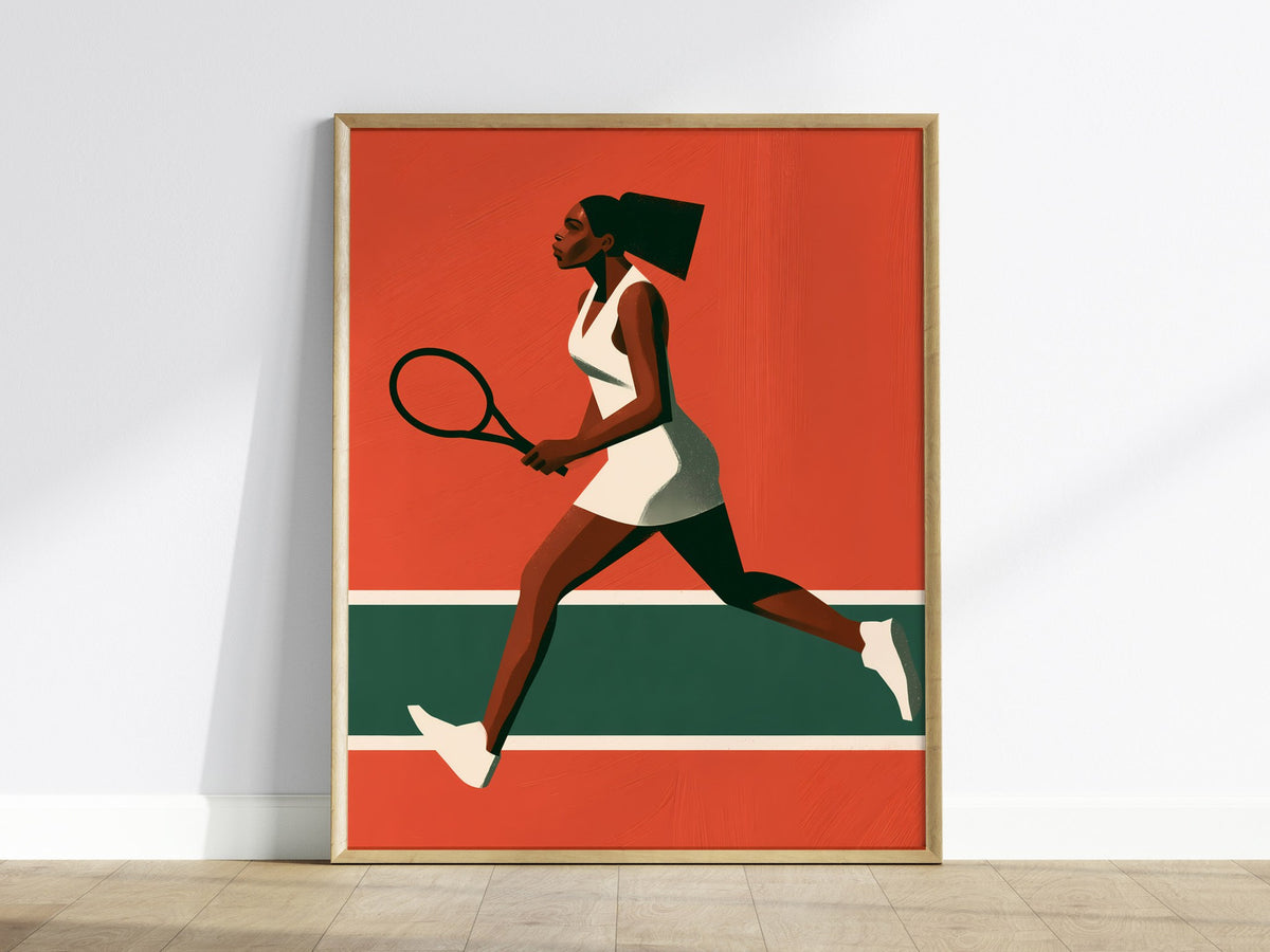 Clay Court Stride Poster | Coral and Green Illustrative Art Print | Tennis Wall Art — framed print on the wall