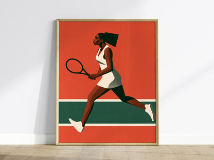 Clay Court Stride Poster | Coral and Green Illustrative Art Print | Tennis Wall Art — framed print on the wall