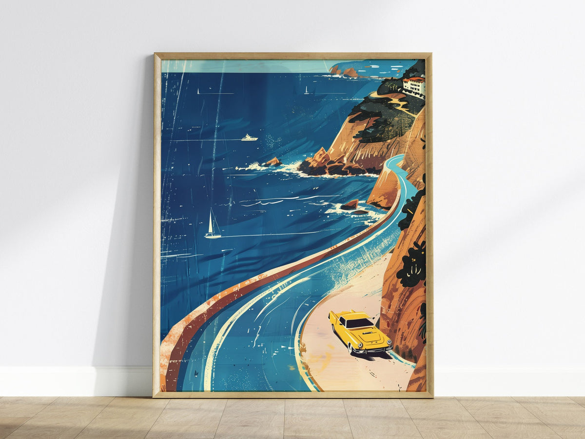 Coastal Drive Poster | Cobalt and Coral Watercolor Art Print | Coastal Wall Art — framed print on the wall