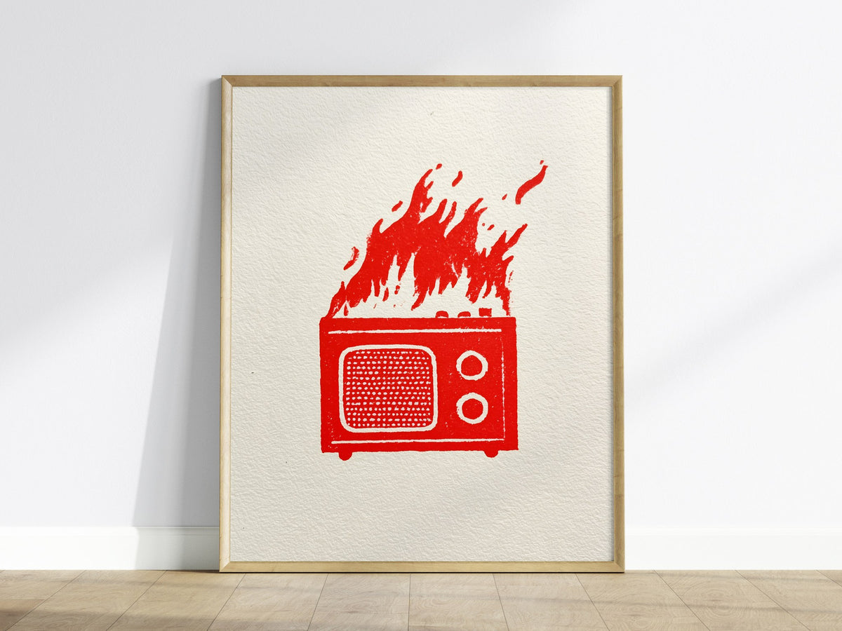 Radio Burns Poster | Red and Blue Screen Print Art Print | Retro Wall Art — framed print on the wall