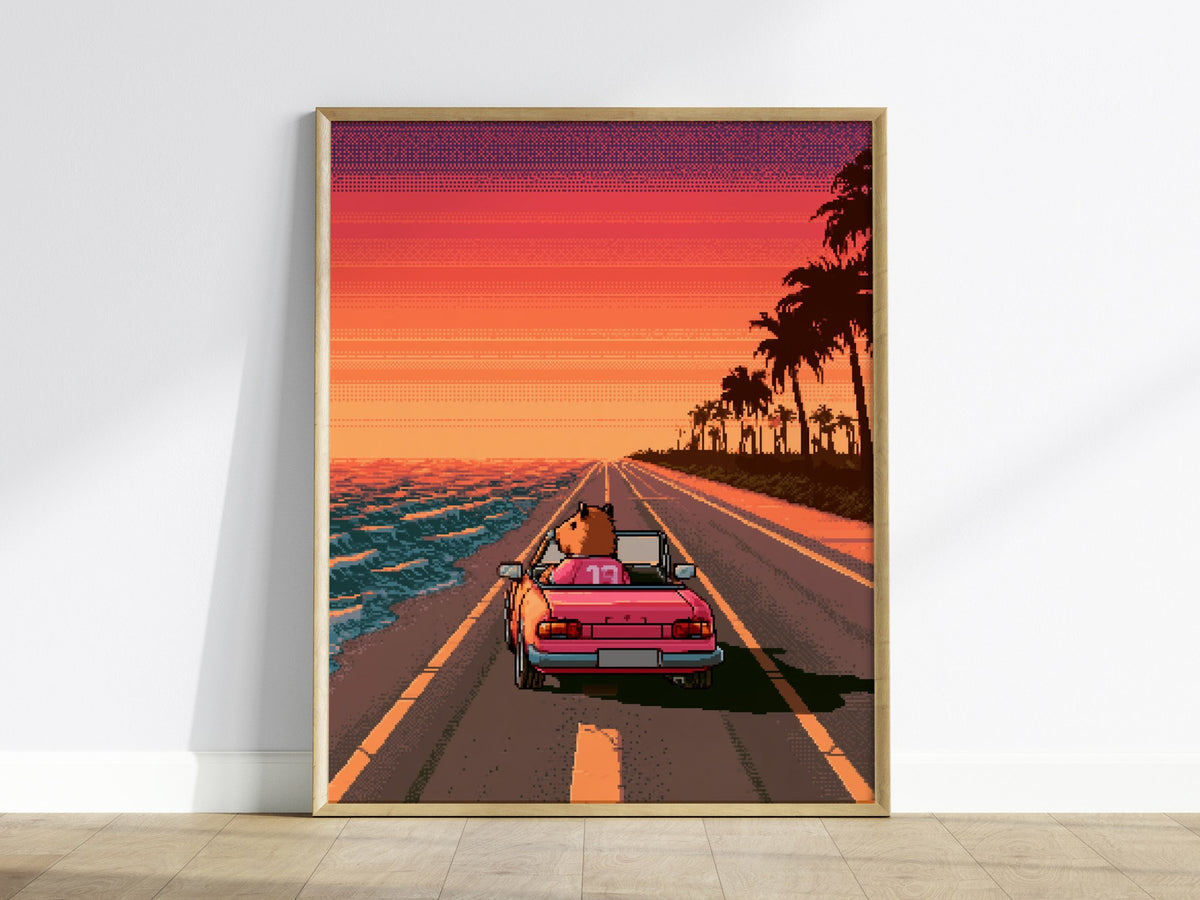 Capybara Drives Sunset Poster | Coral and Purple Pixel Art Print | Retro Gaming Wall Art — framed print on the wall