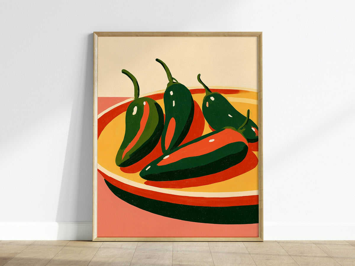 peppers-on-yellow-plate Poster | Yellow and Red Illustrative Art Print | Kitchen Wall Art — framed print on the wall