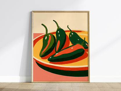 peppers-on-yellow-plate Poster | Yellow and Red Illustrative Art Print | Kitchen Wall Art — framed print on the wall