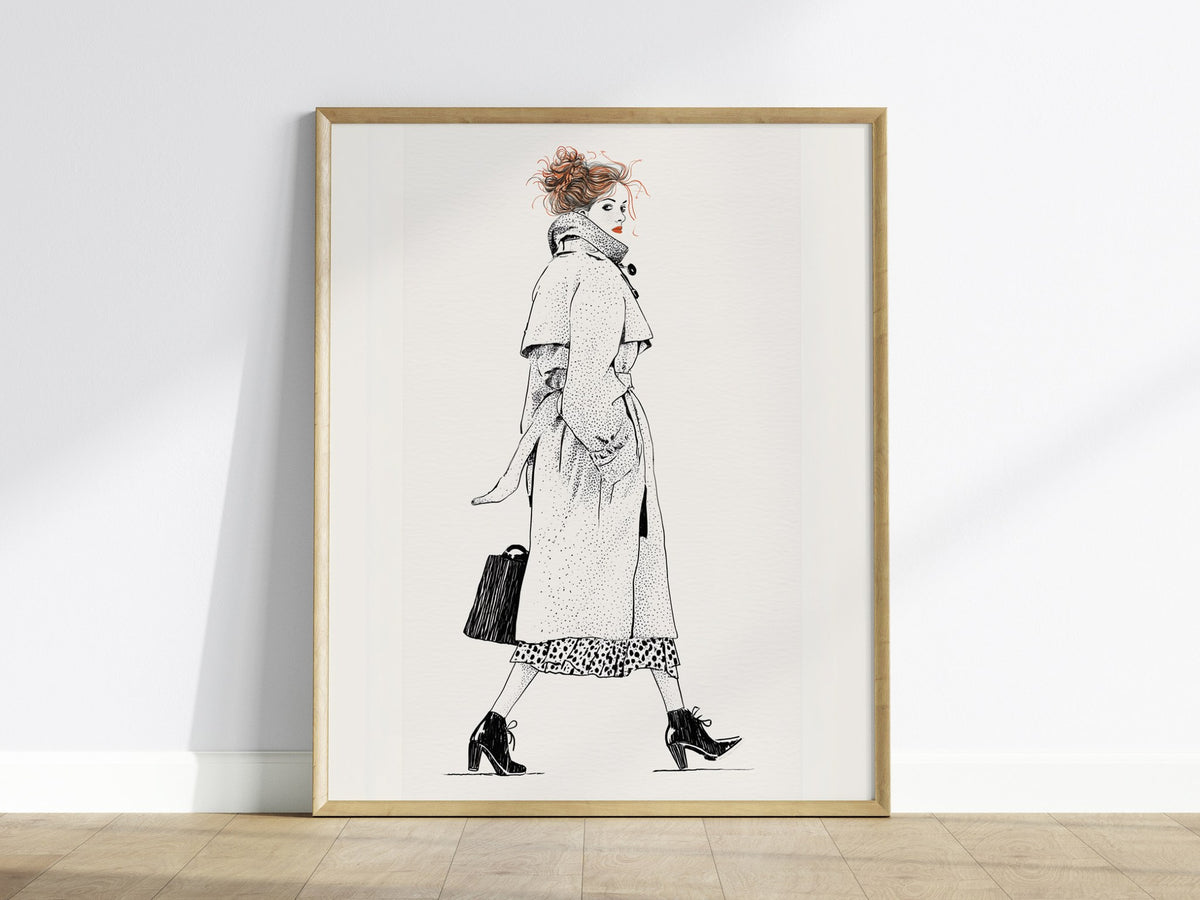 Woman Glances Back Poster | Orange and Cream Pen and Ink Art Print | Fashion Illustration Wall Art — framed print on the wall
