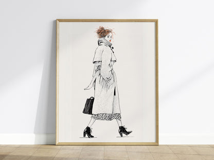 Woman Glances Back Poster | Orange and Cream Pen and Ink Art Print | Fashion Illustration Wall Art — framed print on the wall