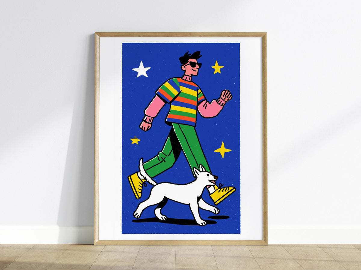 hero-and-cat Poster | Warm Ochre Illustrative Art Print | Kids Room Wall Art — framed print on the wall
