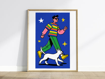 hero-and-cat Poster | Warm Ochre Illustrative Art Print | Kids Room Wall Art — framed print on the wall