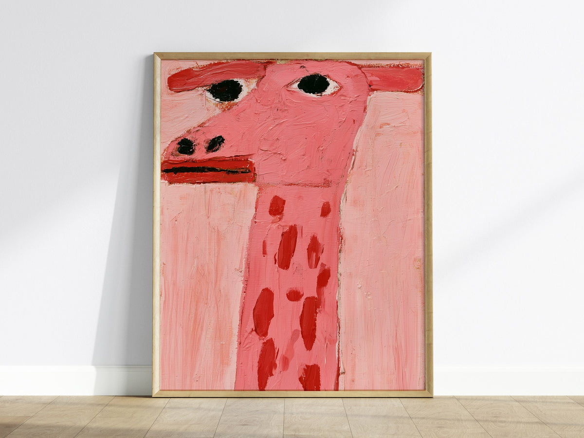 pink-giraffe-portrait Poster | Pink and Cream Oil Painting Art Print | Kids Room Wall Art — framed print on the wall