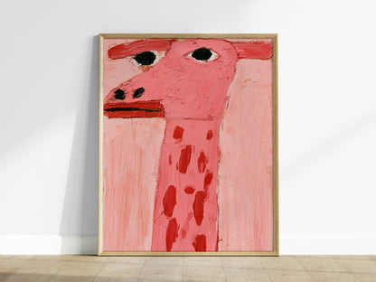 pink-giraffe-portrait Poster | Pink and Cream Oil Painting Art Print | Kids Room Wall Art — framed print on the wall