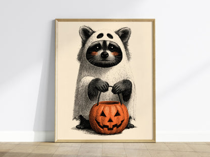 Raccoon Trick-or-treats Poster | Gray and Orange Pen and Ink Art Print | Halloween Wall Art — framed print on the wall