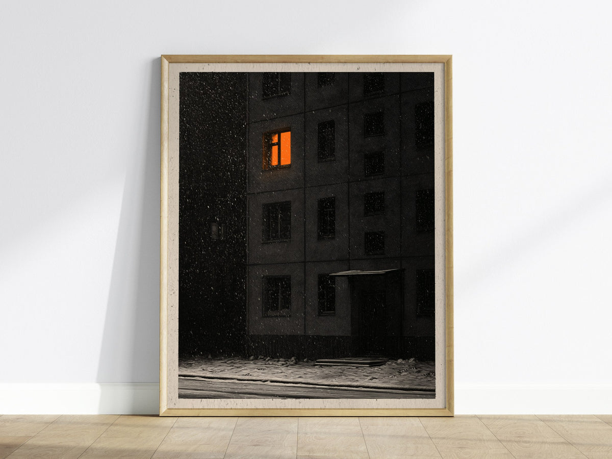 One Light Waits Poster | Black and Amber Pen and Ink Art Print | Dark Academia Wall Art — framed print on the wall