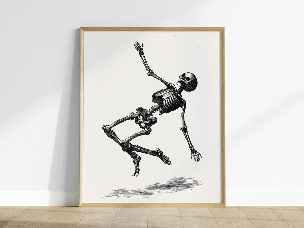 Skeleton Falls Poster | Cream and Black Pen and Ink Art Print | Dark Academia Wall Art — framed print on the wall