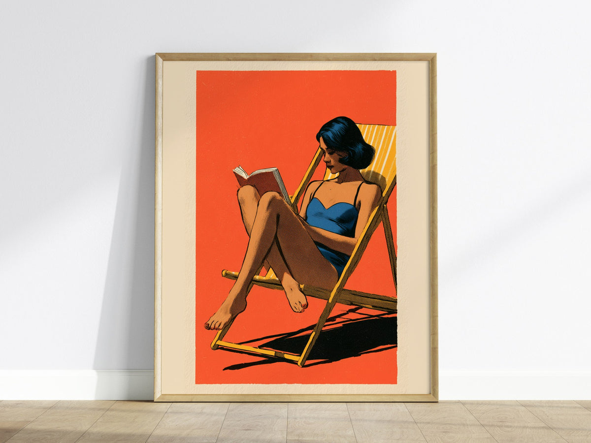 Deck Chair Reader Poster | Yellow Blue Coral Screen Print Art Print | Beach House Wall Art — framed print on the wall