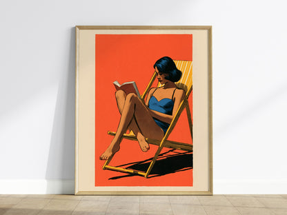 Deck Chair Reader Poster | Yellow Blue Coral Screen Print Art Print | Beach House Wall Art — framed print on the wall