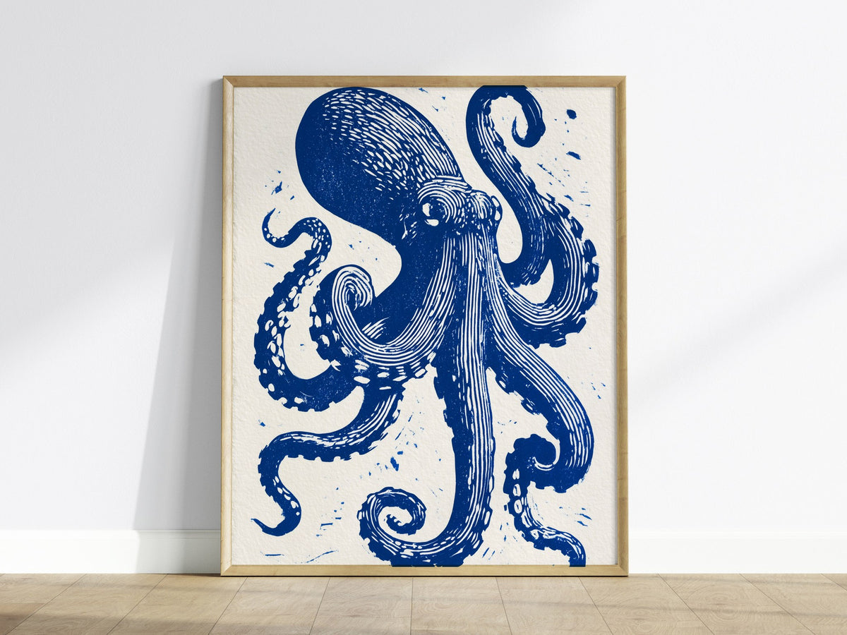 Octopus Unfurls Poster | Cobalt Blue Screen Print Art Print | Coastal Wall Art — framed print on the wall