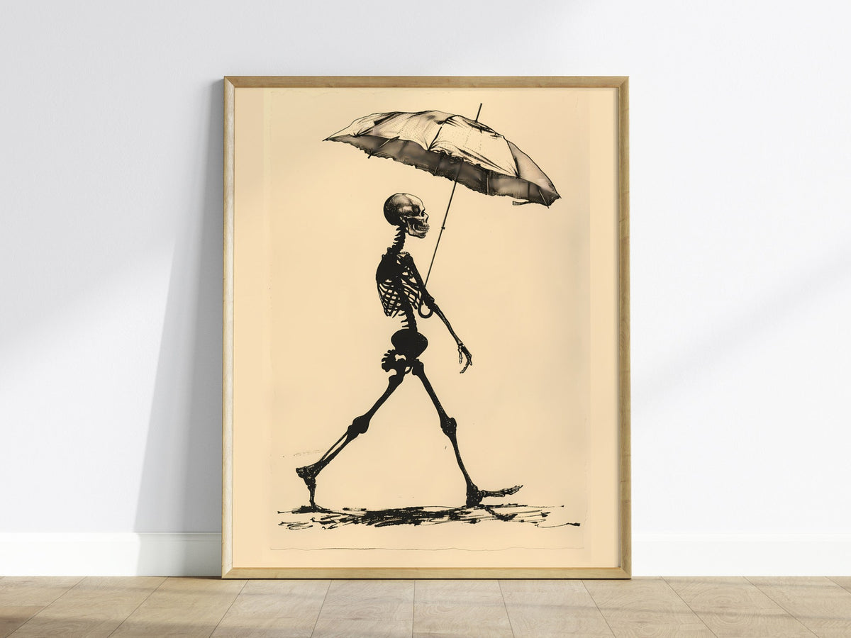 Skeleton with Umbrella Poster | Black and Cream Pen and Ink Art Print | Dark Humor Wall Art — framed print on the wall