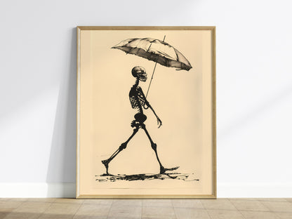 Skeleton with Umbrella Poster | Black and Cream Pen and Ink Art Print | Dark Humor Wall Art — framed print on the wall