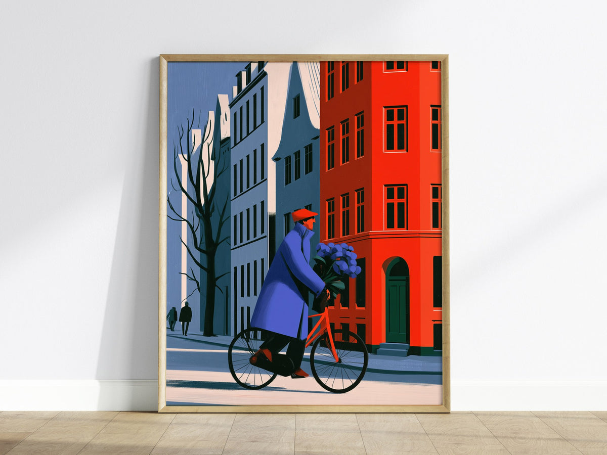 Cyclist Carries Hydrangeas Poster | Cobalt and Yellow Illustrative Art Print | Modernist Wall Art — framed print on the wall